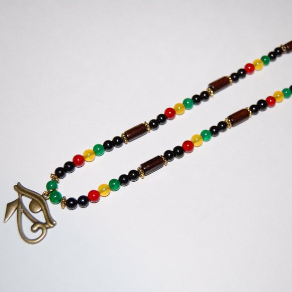 Egyptian Hawk Necklace,Eye of Horus Necklace,6mm Stone Beads,Rasta Necklace - Picture 3 of 3